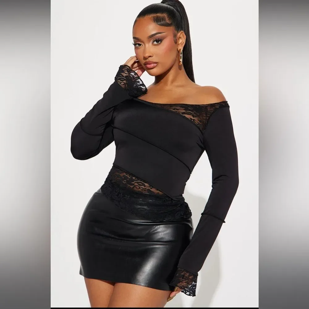 Fashion Nova Black Secrets Out Asymmetrical Lace Long Sleeve Top Size 3X